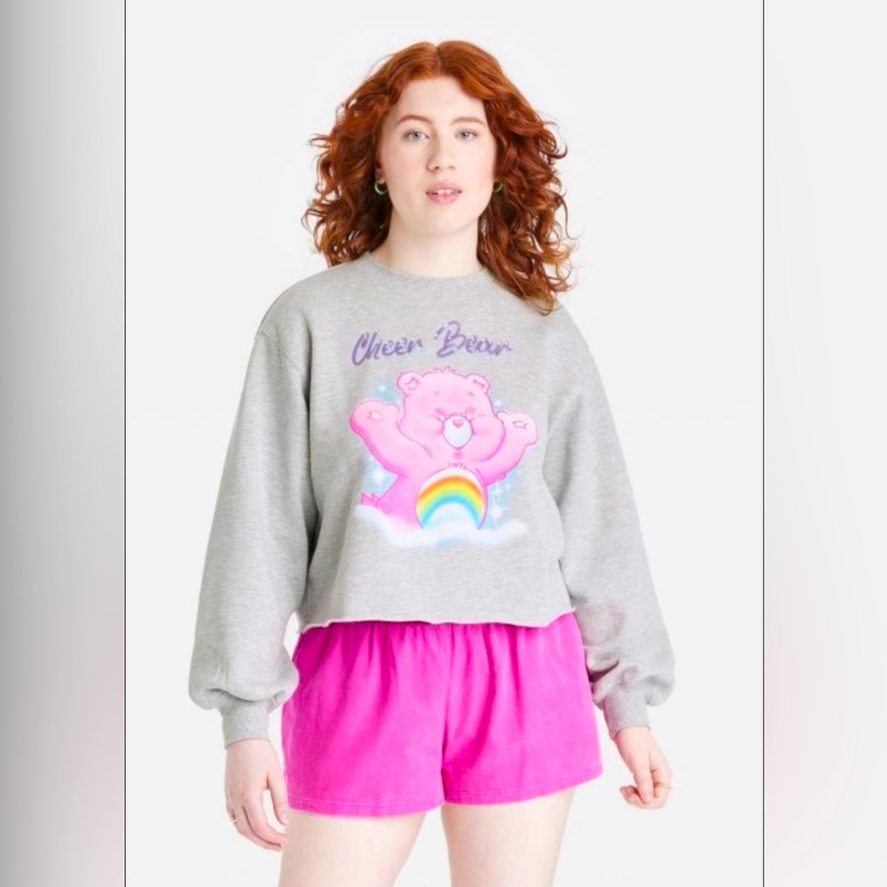 Women’s Care Bears Cheer Bear Sweatshirt Pullover Sweater Gray Cropped Sz Large